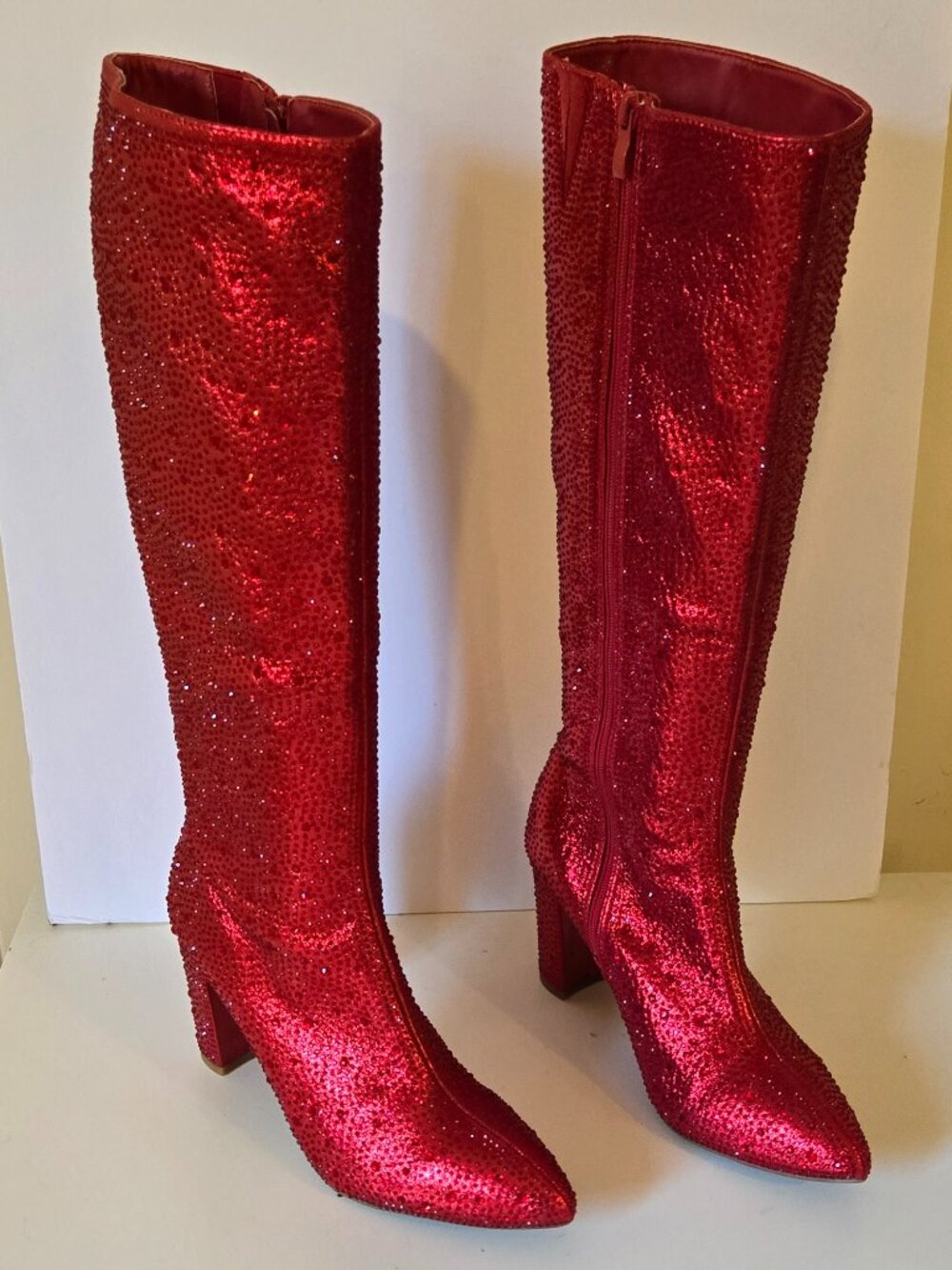 Top Moda Red Rhinestone Crystal Knee High Boots Size 8.5